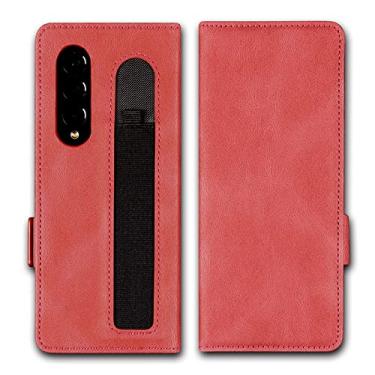 Imagem de Capa carteira para Samsung Galaxy Z Fold 3, [slot para caneta na parte traseira] Capa magnética de telefone com slot para cartão de couro PU compatível com Z Fold 3 5G 2021, vermelha