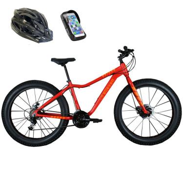 Imagem de Bicicleta Fat Bike Pneu Largo Aro 26 21V Shimano Laranja com Capacete e Bolsa