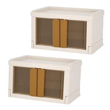 Imagem de Myweyde 2.3Qt Caixas de armazenagem empilháveis com porta frontal aberta, 1/2Pcs Caixa de armazenagem de mesa com alça, Caixa de armazenagem dobrável com abertura frontal para casa e escritório (2, Brown)