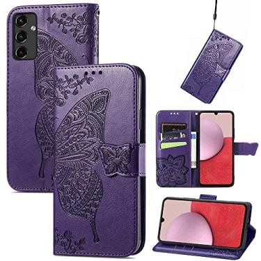 Imagem de Capas de telefone borboleta em relevo para Samsung Galaxy A14 A 14 5G capa de couro com slots para cartão fashion clipe de carteira à prova de choque capa de telefone Samsung A14 5G capas (roxo escuro, Samsung A14 5G)