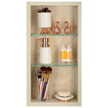 Imagem de Nicho Em Porcelanato Polido Para Banheiro Com Prateleira De Vidro (Bege Marmorizado)