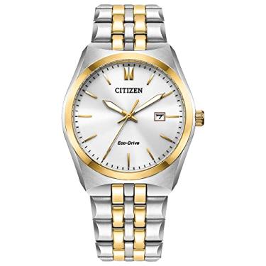 Imagem de Citizen Relógio masculino clássico Corso Eco-Drive, data com 3 ponteiros, ponteiros e marcadores luminosos, aço inoxidável em dois tons, mostrador branco, Mostrador branco, 9 inches, Vestido