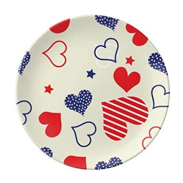 Imagem de Prato de porcelana decorativa em forma de coração com pentagrama americana vermelho azul salver louça de jantar