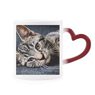 Imagem de Caneca de grés com listras de gato para relaxar adorável sensível ao calor vermelha que muda de cor