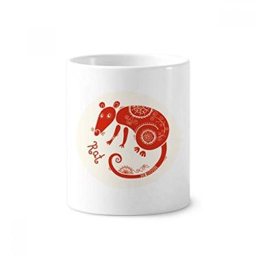 Imagem de Year of Rat Animal Chinês Zodíaco Vermelho Escova de Dentes Caneca, Copo de Cerâmica Branco 355 ml