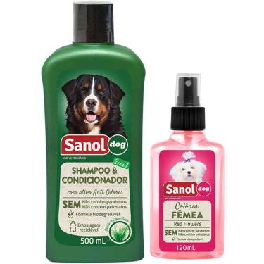 Imagem de Kit banho cães: Shampoo com condicionador 2 em 1 e perfume fêmea para Cachorro Sanol