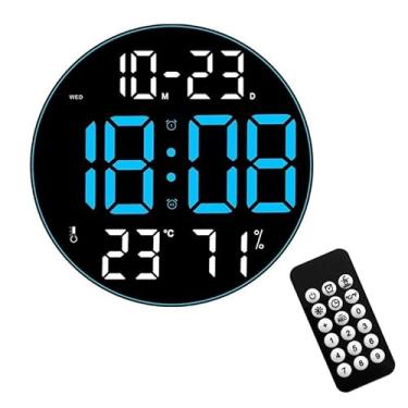 Imagem de Relógio de parede LED de 12 polegadas com controle remoto, tela grande, temperatura, hora e data, relógio de mesa para sala de estar (cor: branco-azul, tamanho: 12 polegadas)