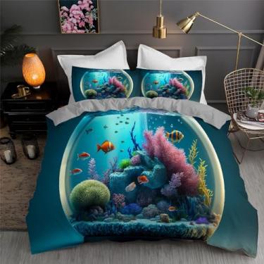 Imagem de Jogo de cama king coral com estampa de peixe, conjunto de 3 peças para decoração de quarto, capa de edredom de microfibra macia 264 x 233 cm e 2 fronhas, com fecho de zíper e laços