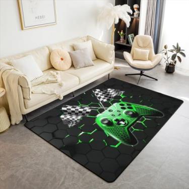 Imagem de Tapete decorativo de jogos de corrida para meninos, tapete de área de videogame verde para quarto hexagonal moderno tapete de área de favo de mel gamer equipamento de jogos tapete cozinha, 15 x 1,8 m