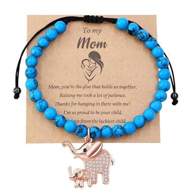 Imagem de Pulseira de ágata fosca com contas de ônix/turquesa, pulseira de elefante Good Luck Mom e bebê, To My Mom, presente para o dia das mães da filha, 7 inch, Pedra, Zircônia cúbica