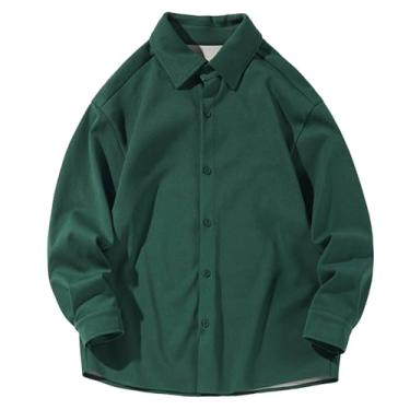 Imagem de Camisa masculina de lazer, cor sólida, ombro caído, manga comprida, gola larga, Verde, M