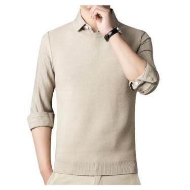 Imagem de Suéter masculino de lã falso de duas peças, suéter de negócios, pulôver espesso, camisa polo de malha, Cáqui, 3G