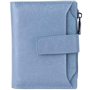 Imagem de Carteira feminina pequena de couro com bloqueio de RFID, bolso com zíper, compartimento para cartão de crédito e janela para identidade, Azul claro, Small