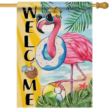Imagem de Dyrenson Welcome Summer Flamingo Bird 28 x 40 bandeira de casa dupla face, praia costeira anel de natação folhas de palmeira tropical decoração de jardim quintal, Havaí Aloha decoração náutica ao ar