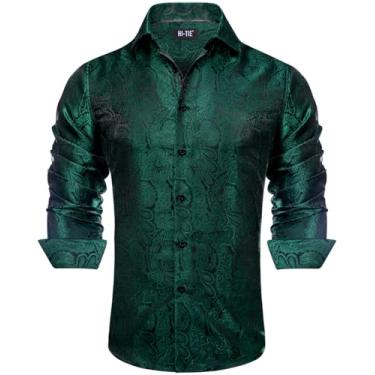 Imagem de Hi-Tie Camisas sociais masculinas de seda jacquard manga longa casual abotoada formal casamento camisa de festa de negócios, Paisley verde escuro 1, XXG