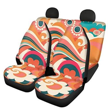 Imagem de Capas de assento de carro universais conjunto completo durável elástico ajustado cobertura total capa de assento dianteiro automotivo banco traseiro para carros listras laranja hibisco estampa de flores hippie personalizado protetor de assento de carro feminino