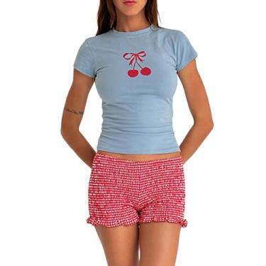 Imagem de Camiseta Y2k estampada para bebês com estampa de laço/cerejeira/carro, gola redonda, casual, caimento justo, Azul, M