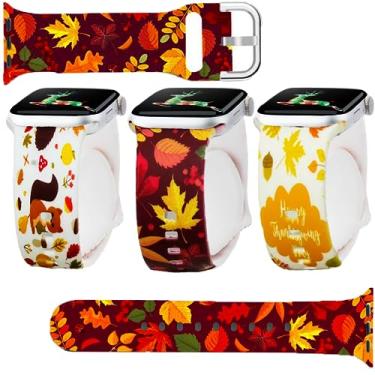 Imagem de Pulseira de outono de Ação de Graças compatível com Apple Watch Autumn Print Soft Strap 3 pacotes Mulheres 42mm 44mm 45mm 49mm. Jullstar Holiday Season Cute Silicone Maple Leaf Pulseira para iPhone Watch Girl Series 8 7 6 5 4 3 2 1 Ultra-Amarelo Marrom Branco Vinho Vermelho