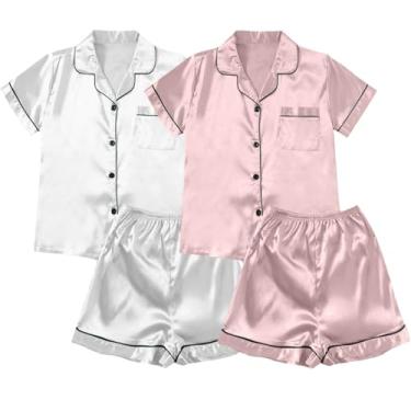 Imagem de Aniywn Conjunto de pijama feminino de cetim de seda com 2 peças, conjunto de pijama com botões e calças, conjunto de pijama macio, A3 - rosa, M