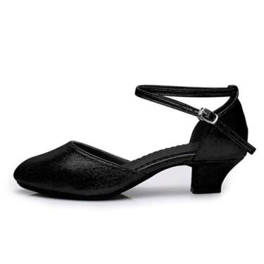 Imagem de HGYJ Sapatos femininos de dança latina desempenho de salão de baile padrão adulto baixo salto médio sola grossa macia bico fechado moderno sapatos de dança, Preto 3,5 cm, 34