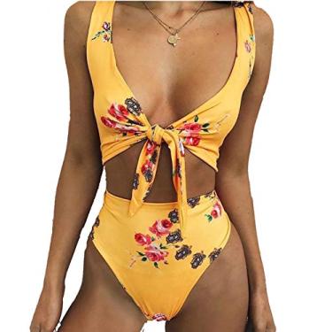 Imagem de Biquíni estampado nó na parte dianteira, cintura alta, duas peças, fato de banho de tanga para mulher, Impresso floral amarelo, M