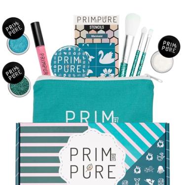 Imagem de Prim and Pure Conjunto de presente de maquiagem infantil – estêncil, sombra de maquiagem bioglitter brilho labial e bolsa de cosméticos acessórios de pincel de maquiagem espelhado (azul sereia)