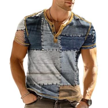 Imagem de Camiseta masculina casual de manga curta com botões Henley Patchwork Color Block para verão, J46tf3g20231311t, XXG