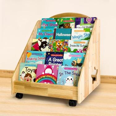 Imagem de Estante Montessori para crianças de 1 a 5 anos, 5 andares de madeira natural com alça e rodas, suporte de revistas infantis com quadro-negro para berçário, sala de aula, sala de jogos