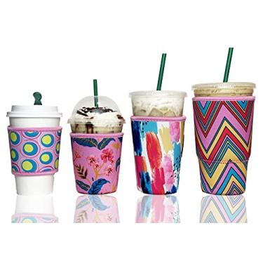 Imagem de Manga de café gelado Baxendale para copos de bebida fria - Pacote com 4 capas de copo de manga de café gelado de neoprene para bebidas frias, reutilizável compatível com Starbucks Dunkin, 4 mm de espessura (4 PK PP/P/M/G, rosa verão)