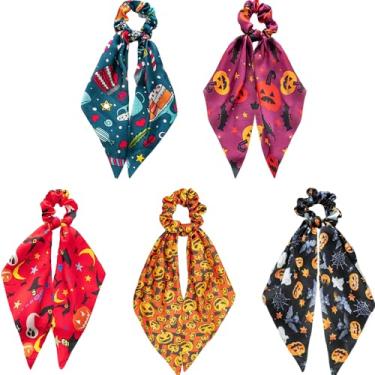 Imagem de 6 peças de cabelo de Halloween Scrunchies para cabelo Halloween cachecol, acessórios de cabelo, rabos de cavalo para festas de Halloween