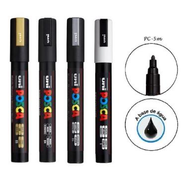 Imagem de Caneta Posca PC-5M Ponta Media Preto, Branco, Ouro e Prata - UNIBALL