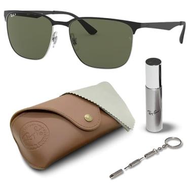 Imagem de Ray-Ban RB3569 Óculos de sol quadrados com kit de óculos – protetores de nariz ajustáveis – Óculos de sol quadrados, Armação preta polida em prata | Lente verde G-15 polarizada, 59 mm