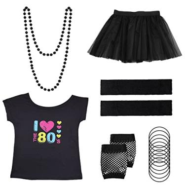 Imagem de KINBOM Conjunto de acessórios de fantasia dos anos 80, roupas de festa dos anos 80, camiseta de festa, saia tutu, polainas dos anos 80, kit de acessórios para festa extravagante estilo retrô (GG),
