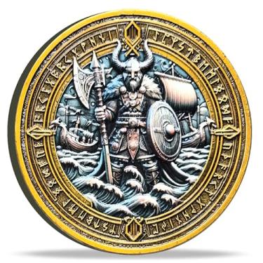 Imagem de Viking Warrior and Mjölnir Challenge Coin - Intricate Norse Mythology Design with Runic Inscriptions (Single Coin)