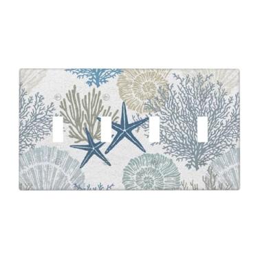 Imagem de Blue Nautical Beach Coral Starfish 4 Gang Quadriciclo Interruptor de Luz Placa Decorativa Elétrica Placa Decorativa Sem Parafusos
