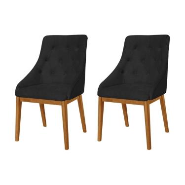 Imagem de Kit 2 Cadeiras de Jantar Luxo Estofada Elisa Anatômica Capitonê em Couro Pu Preto Base Madeira Maciç