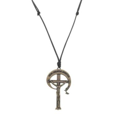Imagem de Cordão de Couro com Crucifixo da RCC em Metal Modelo Ouro Velho - Líri