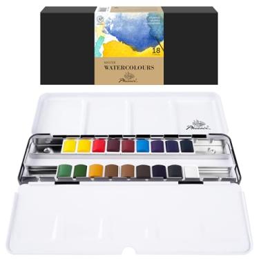 Imagem de PHOENIX Conjunto profissional de tinta aquarela – paleta de tinta de 18 cores meia panela com caixa de lata, aquarelas portáteis de viagem para adultos, artistas