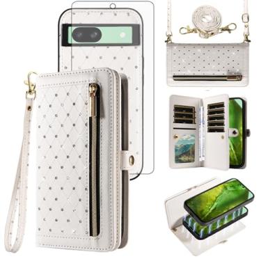 Imagem de Asuwish Capa de celular para Google Pixel 8A 5G carteira com zíper destacável capa magnética com protetor de tela de vidro temperado alça transversal Bling Glitter Flip porta-cartão de crédito Pixel8A