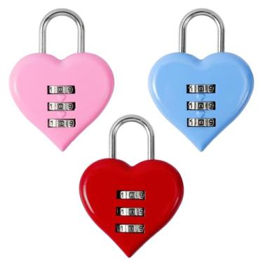 Imagem de 3 peças de cadeado em forma de coração, rosa, vermelho, azul, combinação de senha de 3 dígitos para armário, presente romântico fofo com código, cadeado com senha para amantes, aniversário, viagem,