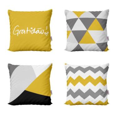 Imagem de Almofadas Amarelas Decorativas Gratidão e Geométricas Para Sala 40x40 