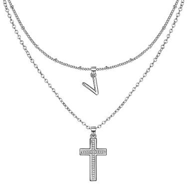 Imagem de ZENI Colar delicado de cruz para mulheres, banhado a ouro 14K, corrente em camadas, pingente inicial, colar gargantilha com pingente inicial, cruz de zircônia cúbica, joia de fé cristã, presentes de comunhão para meninas, 16"+2" adjustable, 15"+2" adjustable, T, Zircônia cúbica