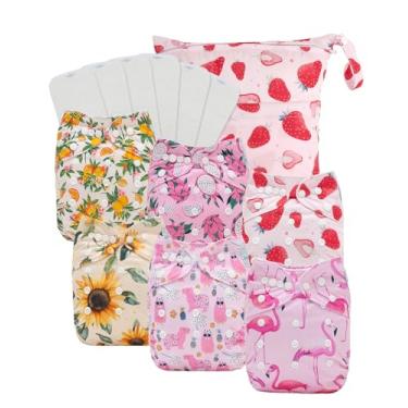 Imagem de Babygoal Pacote com 6 fraldas de pano para bebês com 6 inserções e bolsa úmida para fraldas ajustadas e pré-dobradas, capas ajustáveis e reutilizáveis para meninos e meninas