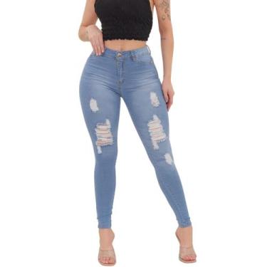 Imagem de Calça Jeans Feminina Skinny Detalhes Destroyed Blue Clear Tecido Premi