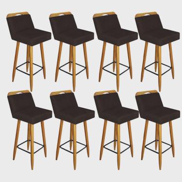 Imagem de Kit 08 Banqueta Alta c/ Encosto Lith Para Cozinha Bar Balcão Bistrô Pé Palito Castanho Corino Marrom - Ahz Móveis
