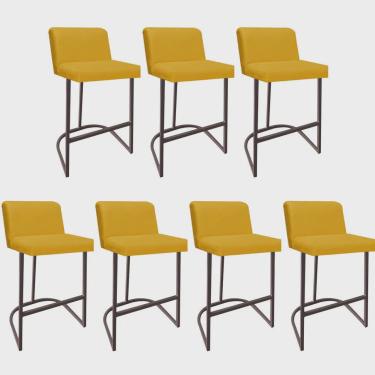 Imagem de Kit 07 Banquetas Com Encosto Noah Luxo Confort Bistrô Cozinha Ferro Marrom Suede Amarelo - Ahz Móveis