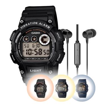Imagem de Kit Relógio de Pulso Casio Digital Masculino Alarme Vibratório 10 Anos de Bateria Prova Dágua 100 Metros W-735 + Fone Ouvido