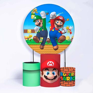 Imagem de Kit Painel de Festa Redondo de 1,50m e Trio de Cilindros Mario Bros - Fera Print