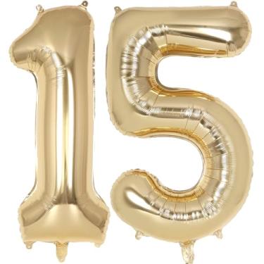 Imagem de Champagne Gold Large Number 15 Balloon, 40 Inch Light Gold Foil Helium Number Balloons, Giant Mylar Number 15 Balloons for 15 Years Old Birthday Party Anniversary Decorations (Champagne Gold 15)