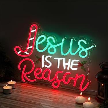 Imagem de Huquary Jesus é A Razão Sinal de Néon Sinal Led de Natal 16,5 X 11,8" Decoração de Arte de Parede Iluminada Luz de Néon Alimentada por Usb para Cerimônia Festa Bar Casa Aniversário Bíblia Igreja Decor